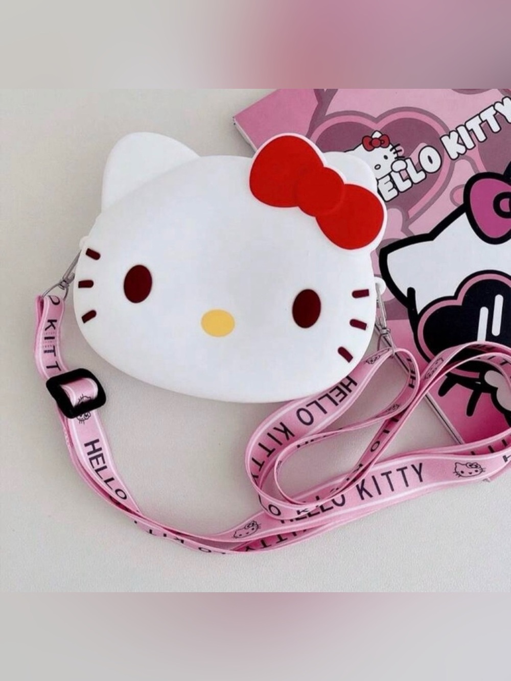 Hello Kitty White Face Crossbody Bag with Red Bow and Pink Strap